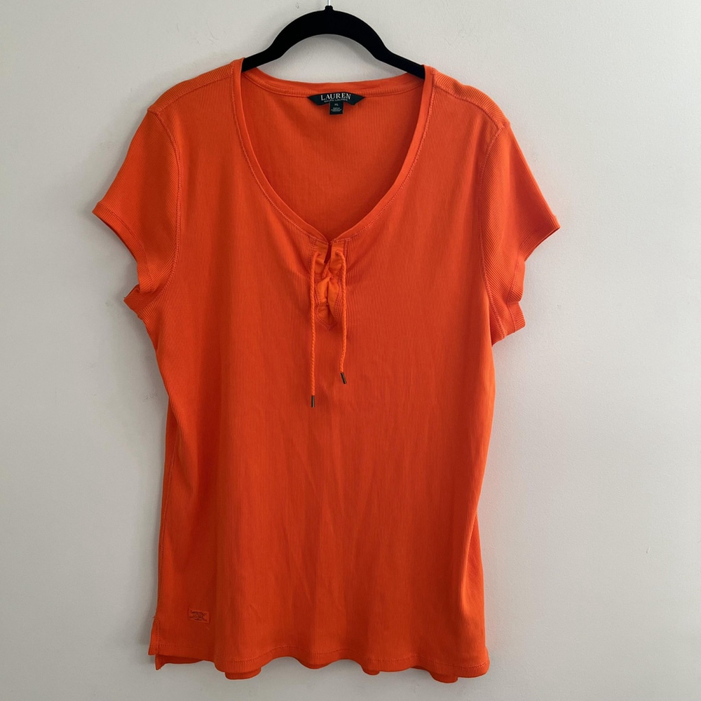Lauren Ralph Lauren Shirt Womens XL‎ Orange Ribbed Lace Up Neck Short Sleeve Top